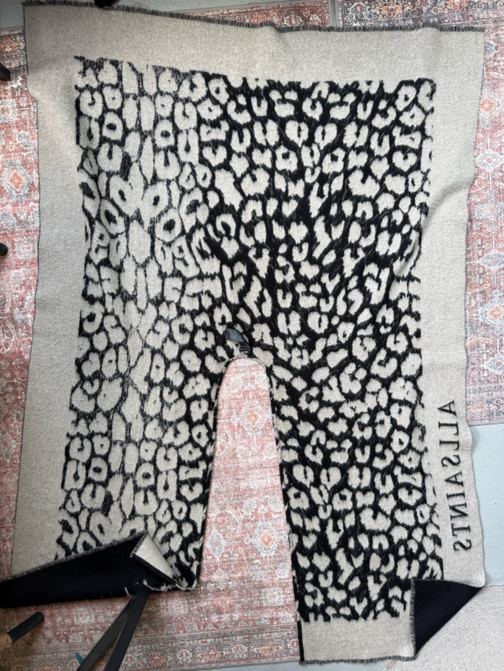 All Saints Black & Cream Leopard Print poncho style wrap - Picture 7 of 11
